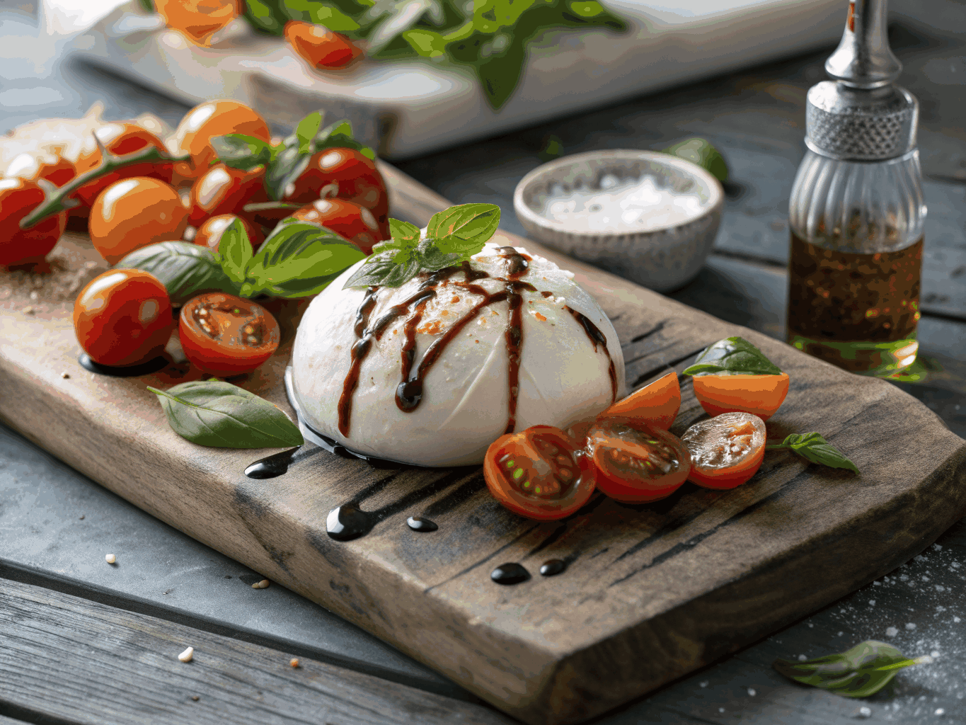 Fresh burrata cheese with heirloom tomatoes and basil