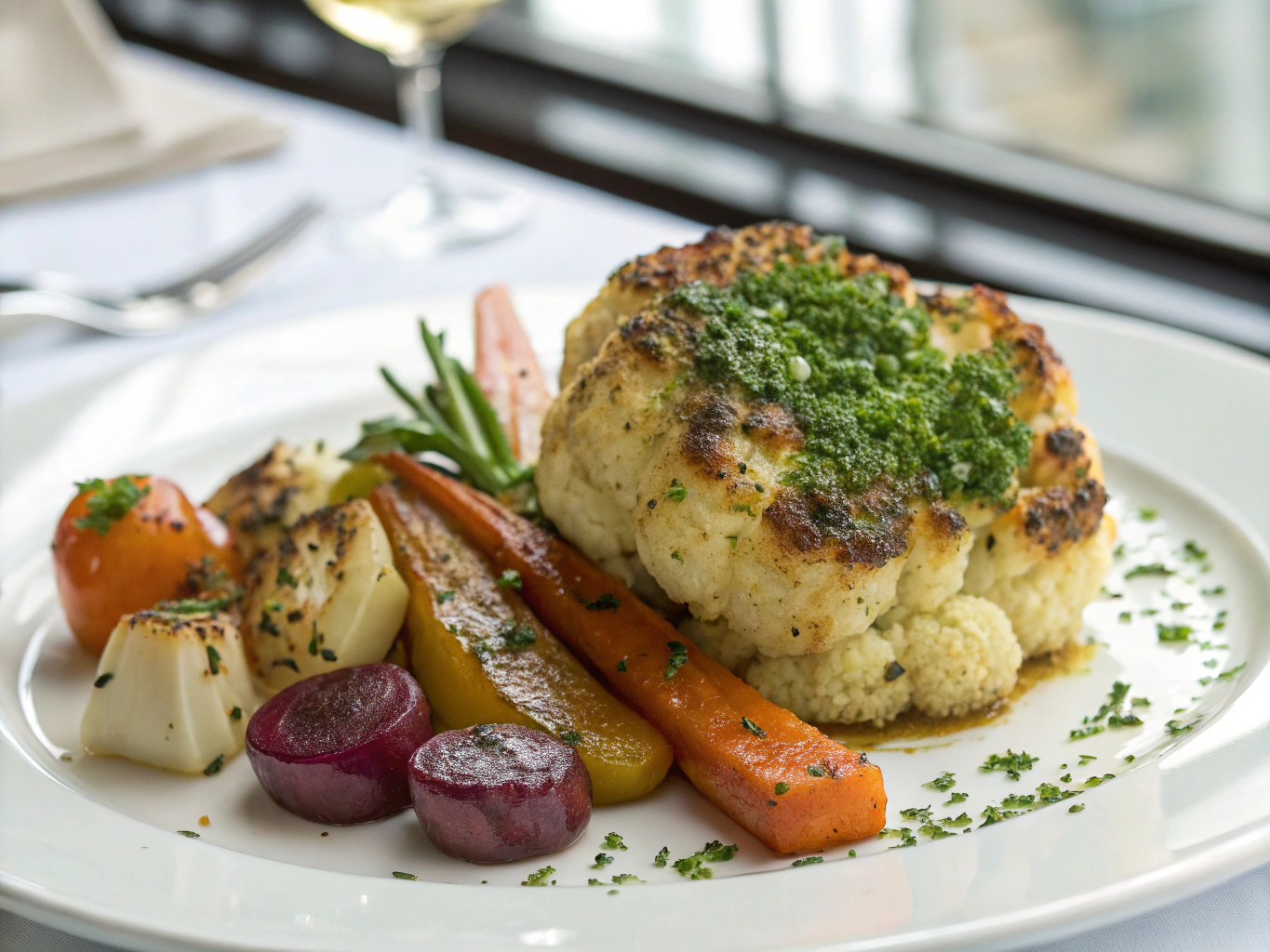 Roasted cauliflower steak with salsa verde