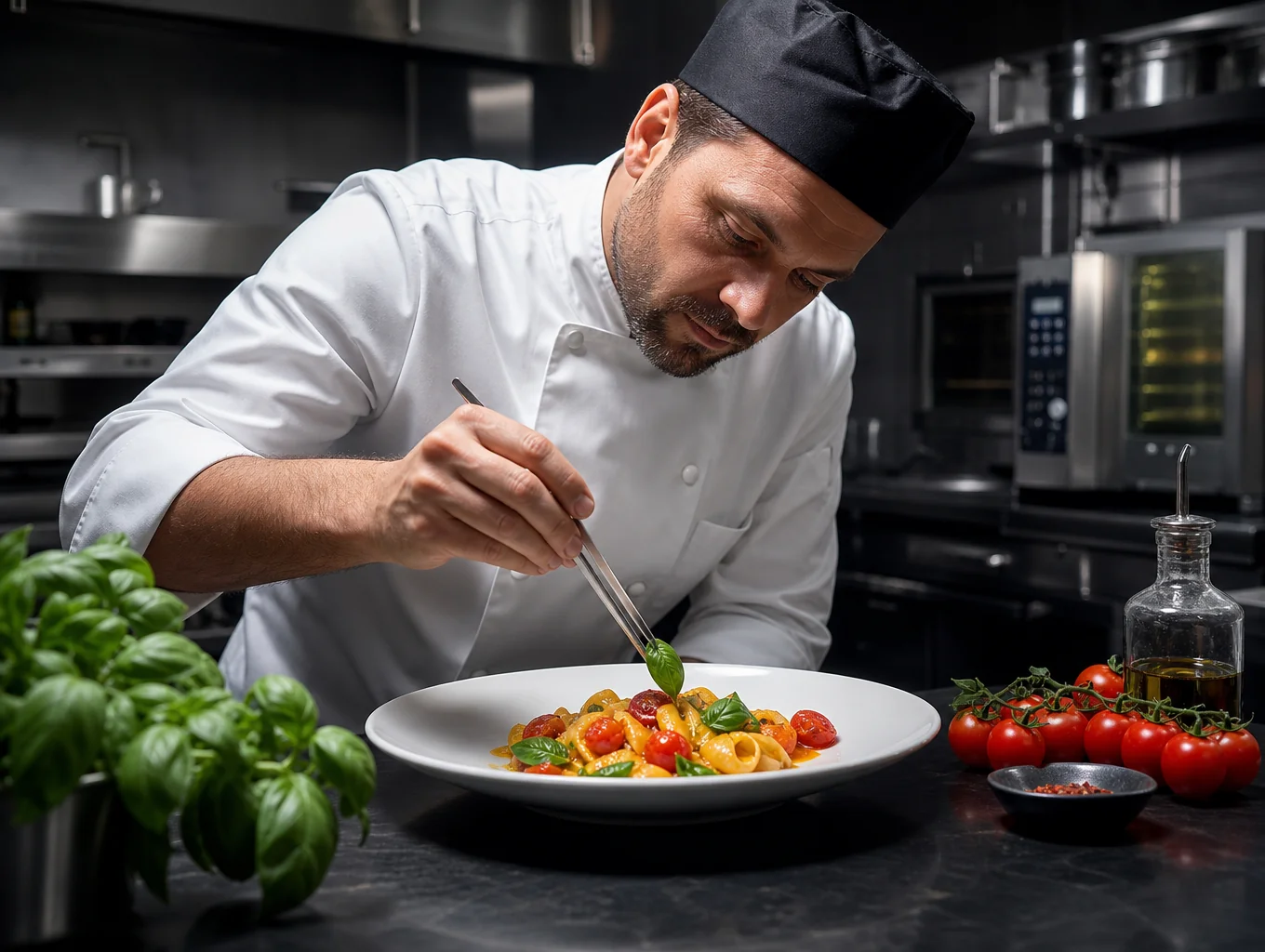 Pastry Chef Elena Conti plating a seasonal fruit tart