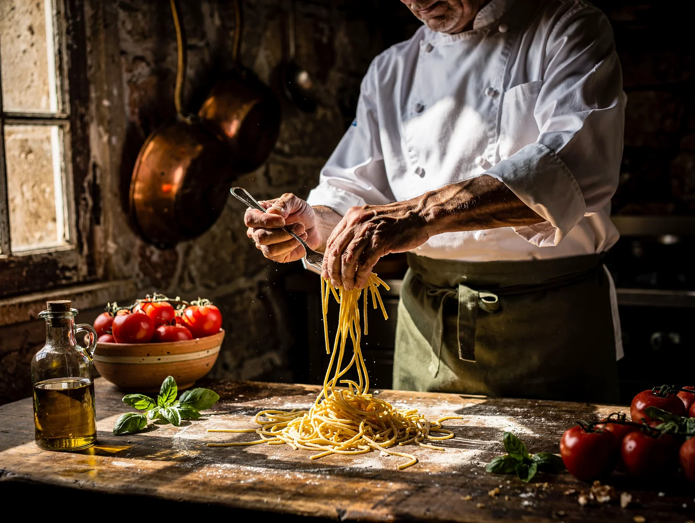 Executive Chef Marco Rossi preparing fresh hand-rolled pasta