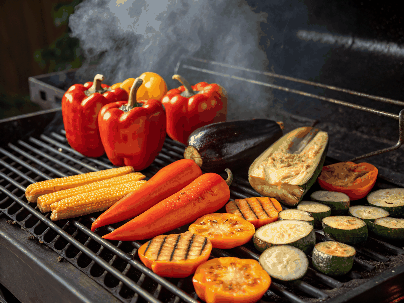 Fresh seasonal vegetables roasting over an open wood fire