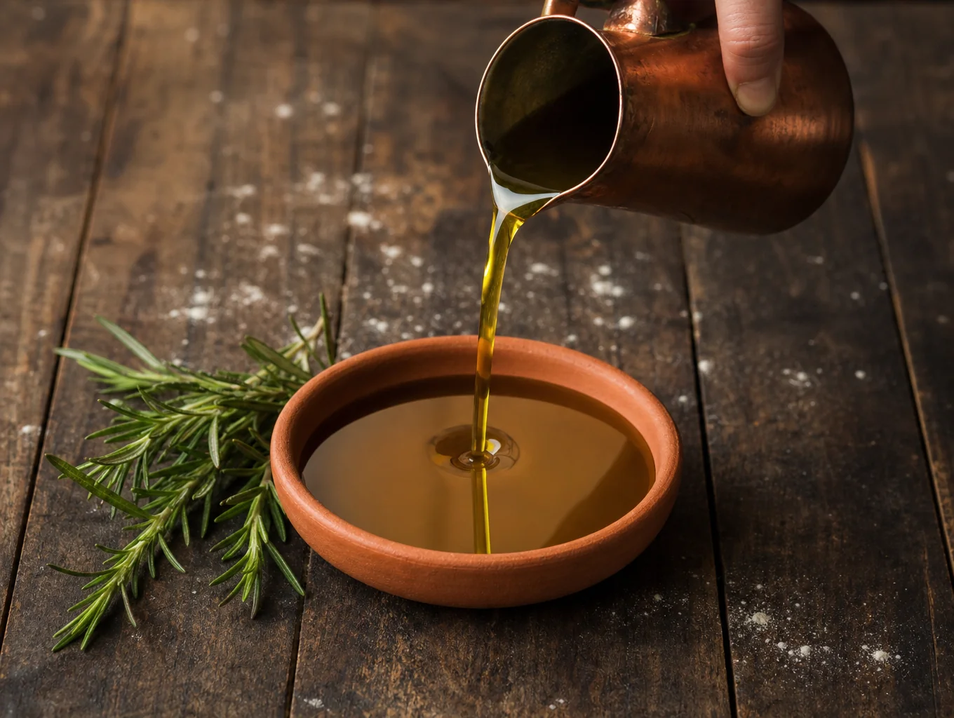 Golden extra virgin olive oil being poured into a glass vessel