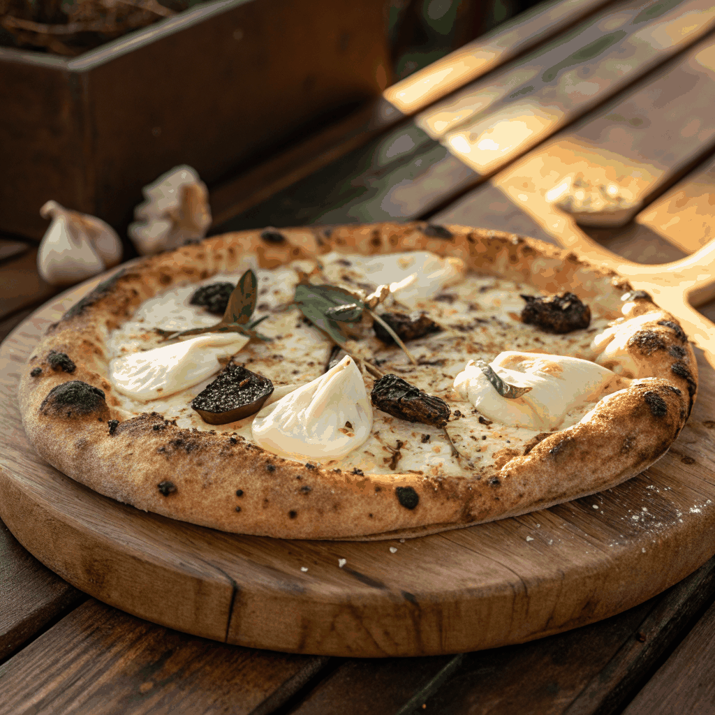 Truffle and wild mushroom pizza with fresh herbs