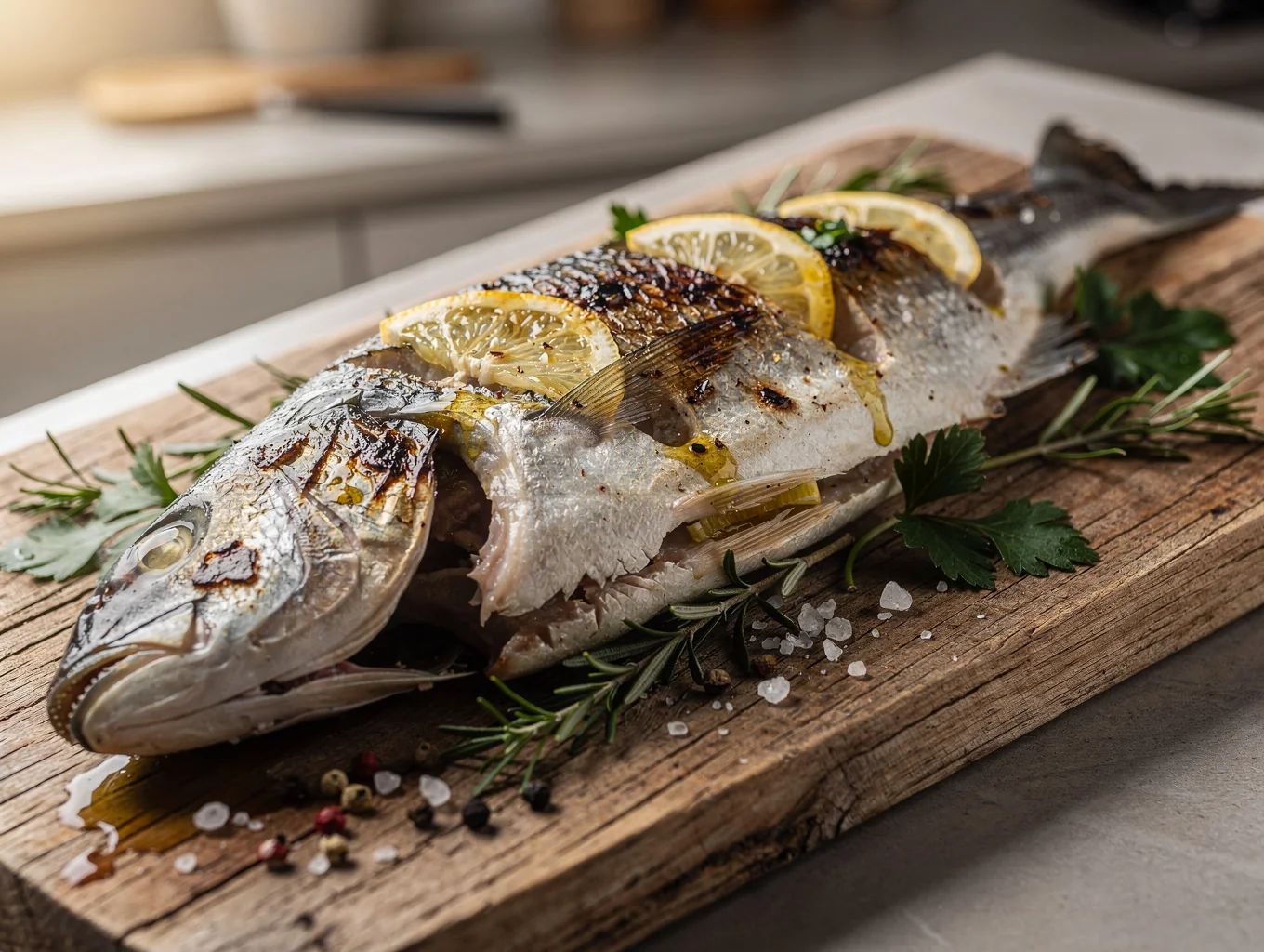 Wood-fired branzino with seasonal greens